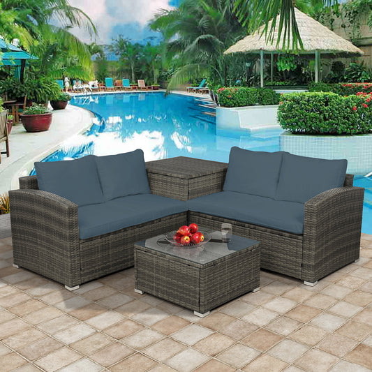4 PCS Outdoor Cushioned PE Rattan Wicker Sectional Sofa Set Garden Patio Furniture Set (Gray Cushion)