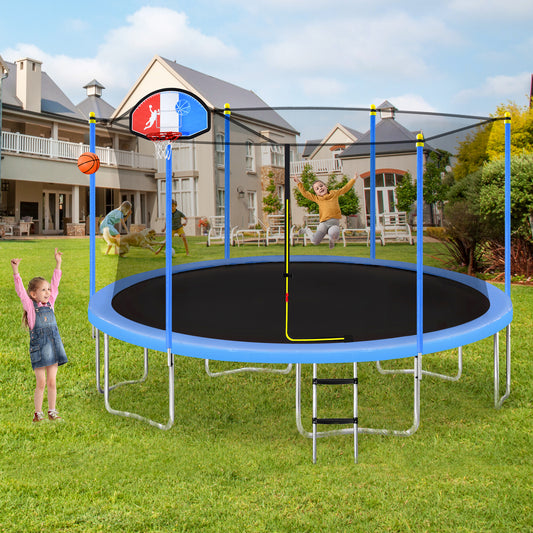 15FT Recreational Trampoline for Kids with Safety Enclosure Net, Basketball Hoop and Ladder