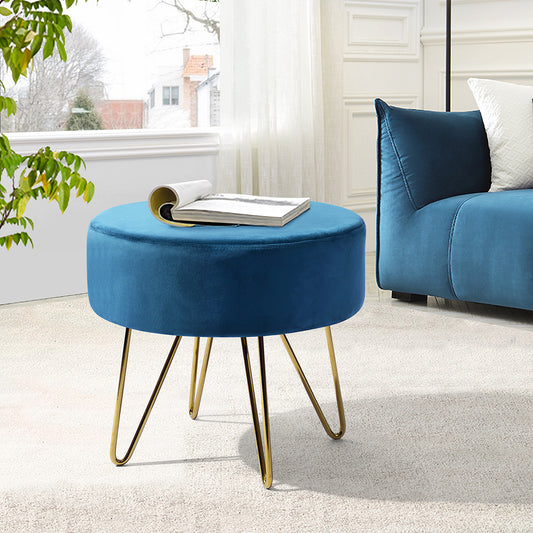 17.7 & Teal and Gold Decorative Round Shaped Ottoman with Metal Legs